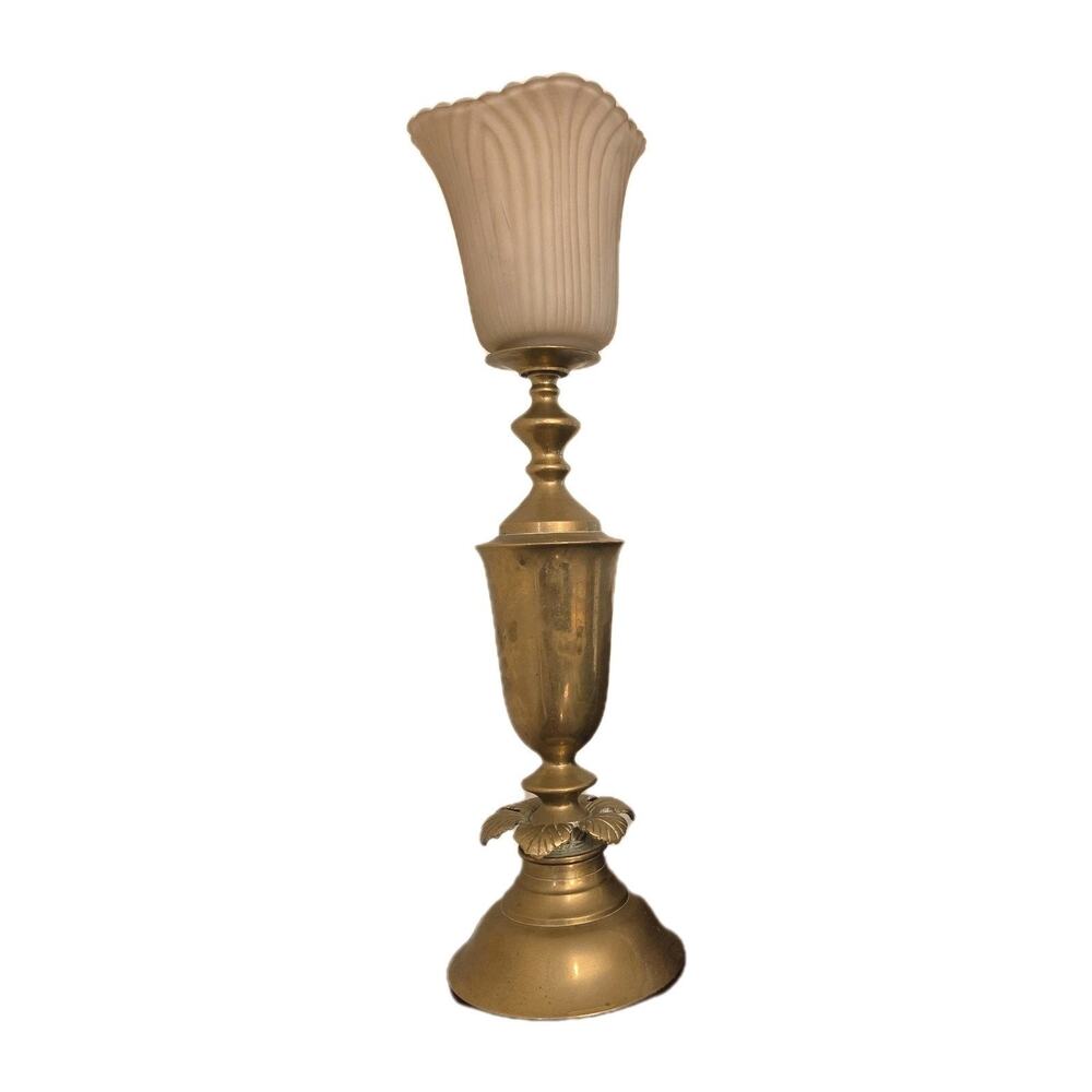 Table Brass Lamp Antique Rembrandt Style Torchiere Glass Shade 18" Uplight
